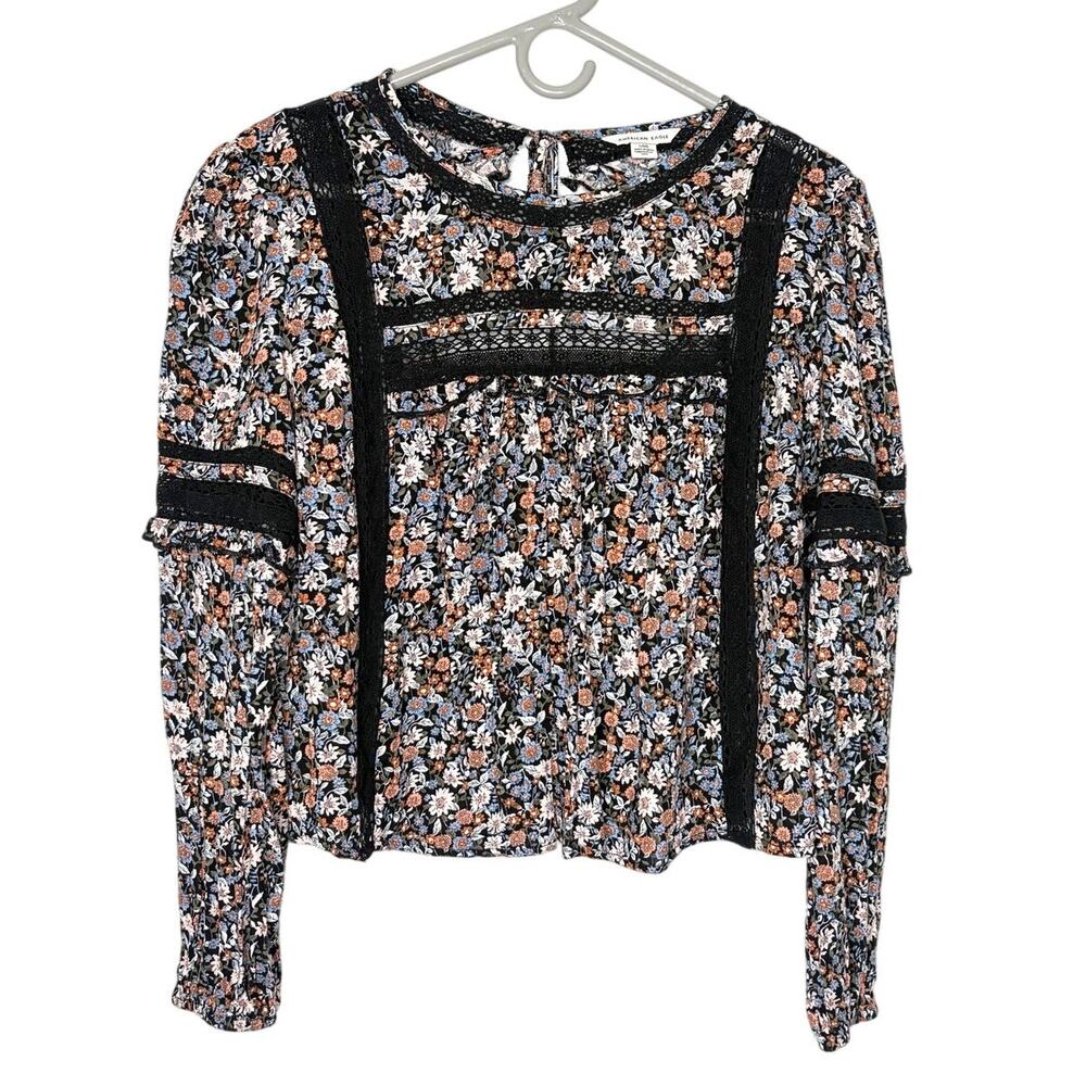 American Eagle High-Neck Babydoll Blouse Sz L Floral Boho Peasant Prairie